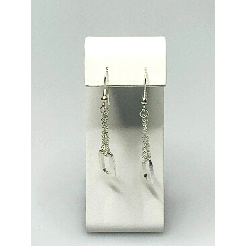 Silver Toned Hook Earrings with a Rectangle Charm Looped in Chains